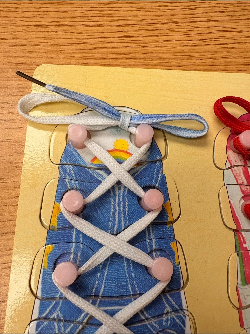 Wooden Shoe Lacing Board for Kids - Yellow, Red, Blue Laces